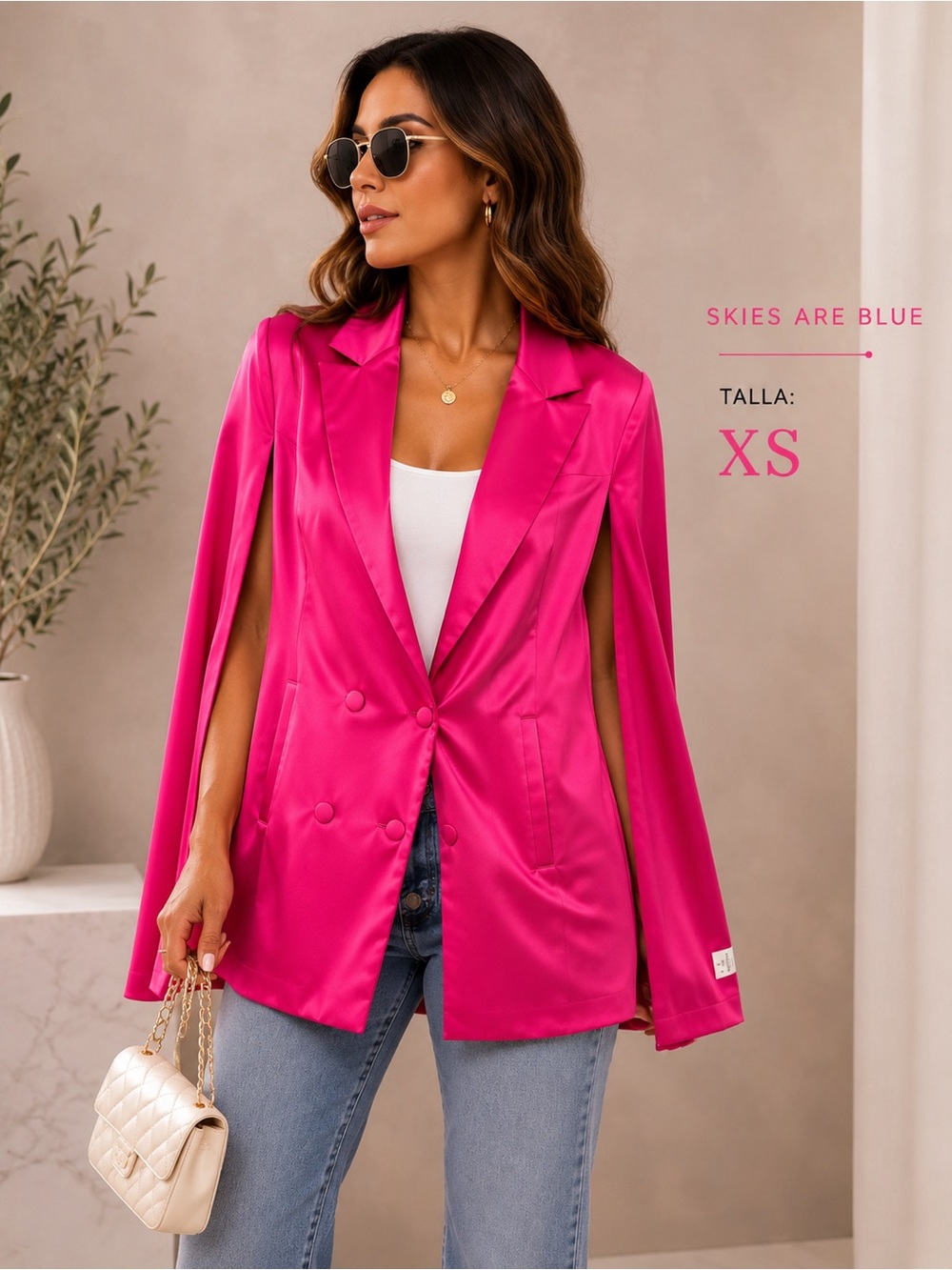 Skies Are Blue Hot Pink Satin Cape Blazer